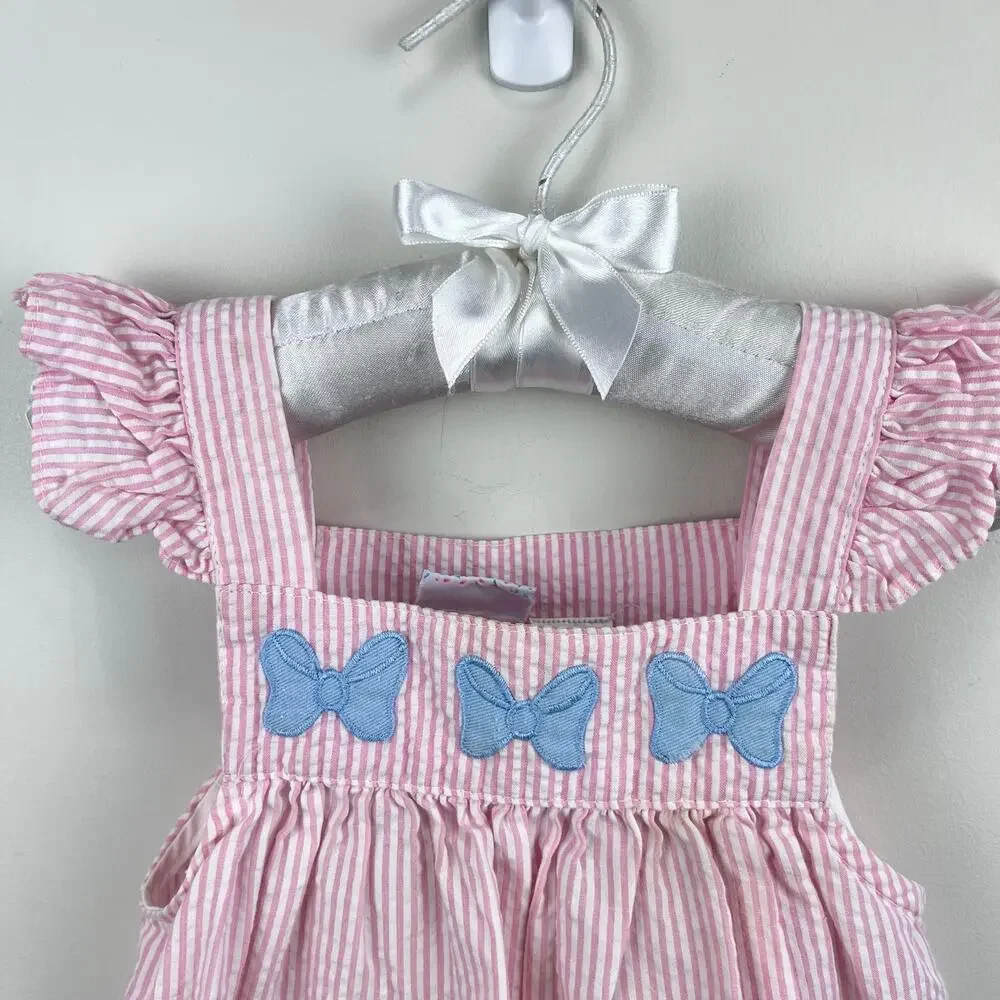 Vintage Samara Pink Seersucker Teddy Bear Bow Pinafore Dress 24 Months